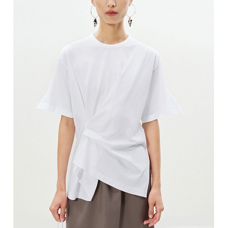 Women's Clothing Spring And Summer New Round Neck Design Pleated Short Sleeve T Shirt Temperament Commuter Top_ecoleips.com