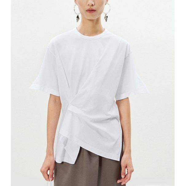 Women's Clothing Spring And Summer New Round Neck Design Pleated Short Sleeve T Shirt Temperament Commuter Top_ecoleips.com