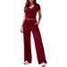 2026 New Cross-Border European American Women's Clothing Solid Color Casual Fashion V-Neck Top And Wide-Leg Pants_ecoleips.com