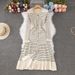 Striped Long Sleeve Knit Dress - V-Neck Lace Trim Wrap Dress (Black/Beige, S/M/L/Xl) Ruffled Long Dress For Women_ecoleips.com