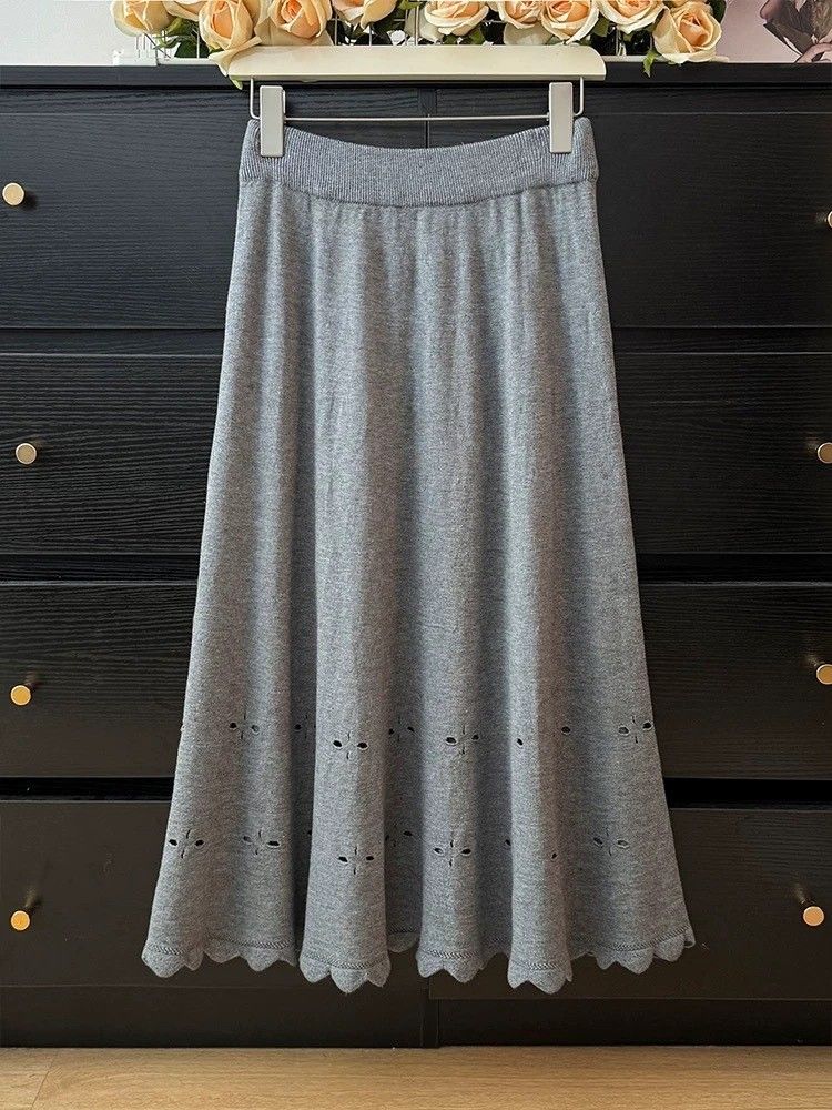Solid Color High Waist Hollow Out Floral Design Ruffled Trim Full Skirt For Women Autumn Winter Fashion Slimming_ecoleips.com