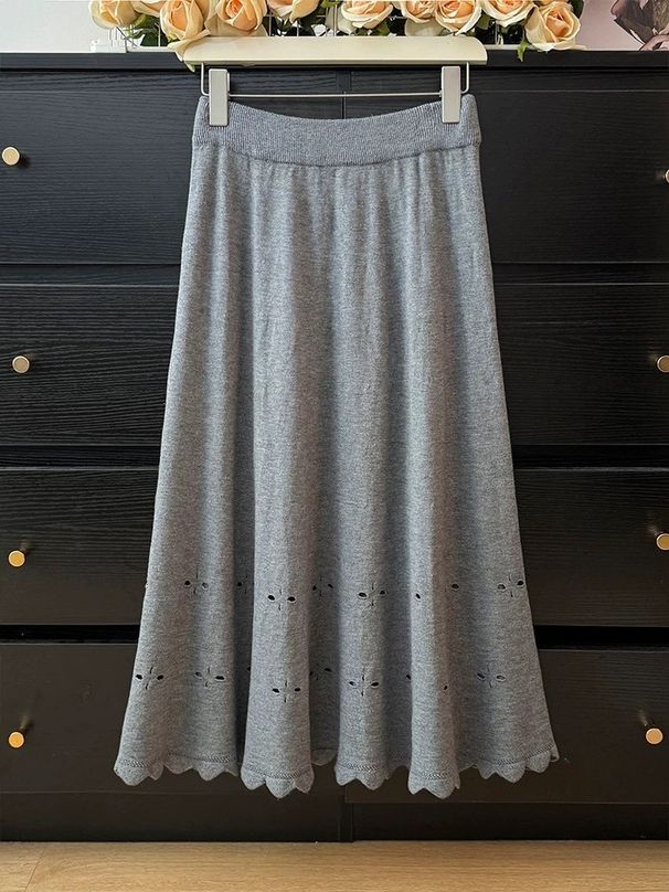 Solid Color High Waist Hollow Out Floral Design Ruffled Trim Full Skirt For Women Autumn Winter Fashion Slimming_ecoleips.com