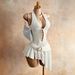 White Textured Fabric Halter Neck Deep V Neck Tie up Irregular Dress for Women Sexy New Style_ecoleips.com