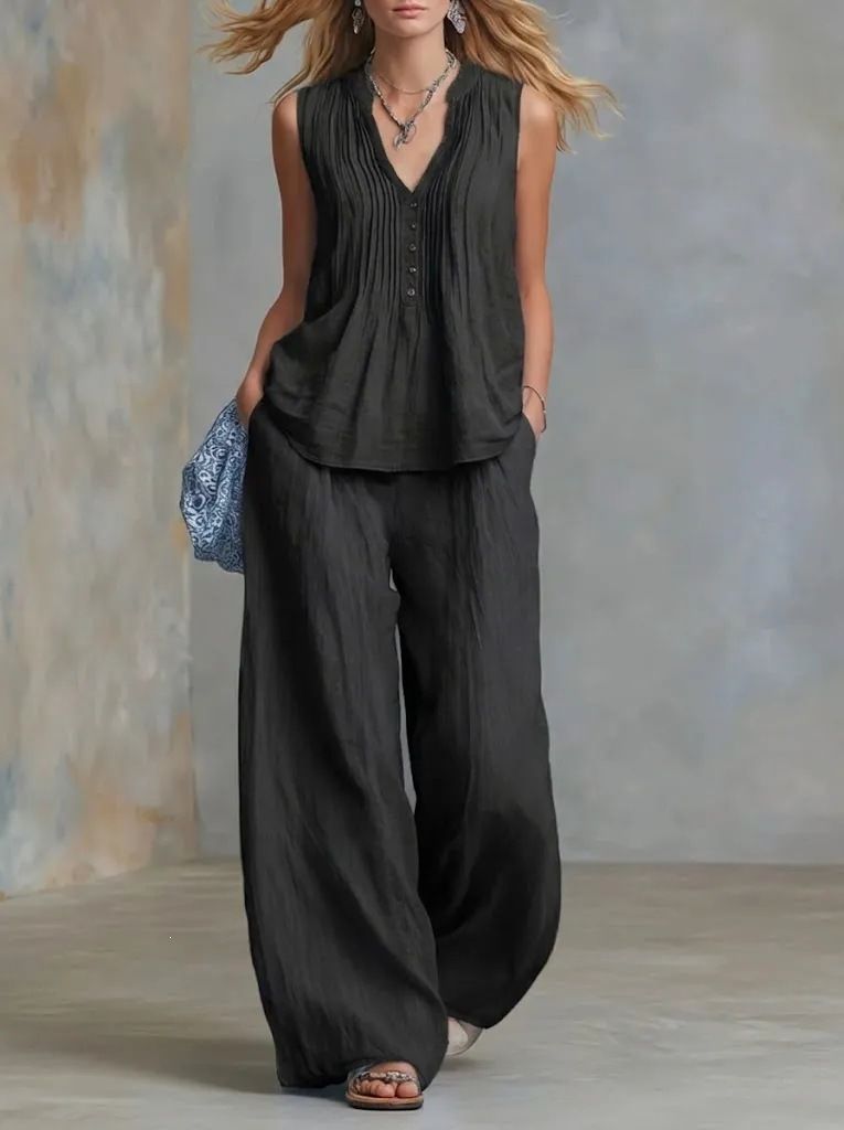 2026 Summer New Casual Fashion Style Solid Color Sleeveless V-neck Set_ecoleips.com