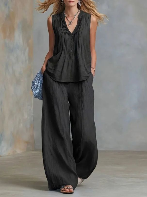 2026 Summer New Casual Fashion Style Solid Color Sleeveless V-neck Set_ecoleips.com