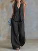 Summer Women's Casual Elegant Sleeveless V-Neck Pant Set Solid Color Fashion American Style Thin Polyester Suit_ecoleips.com