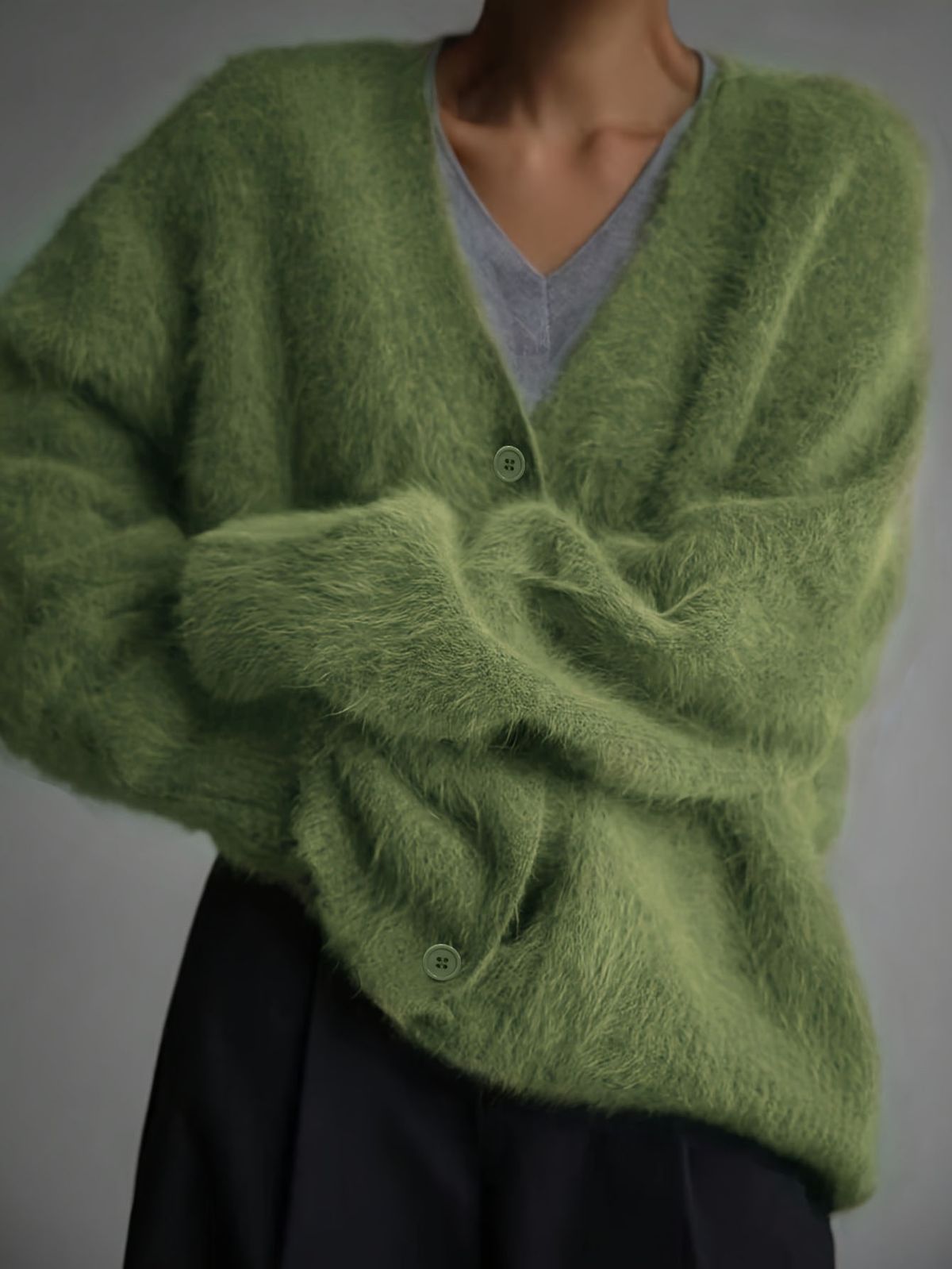 Women’s Oversized Knit Cardigan – French-Inspired Fuzzy Coatigan (S-XL, Fall/Winter, Green/Brown/Grey/Pink/Yellow)_ecoleips.com