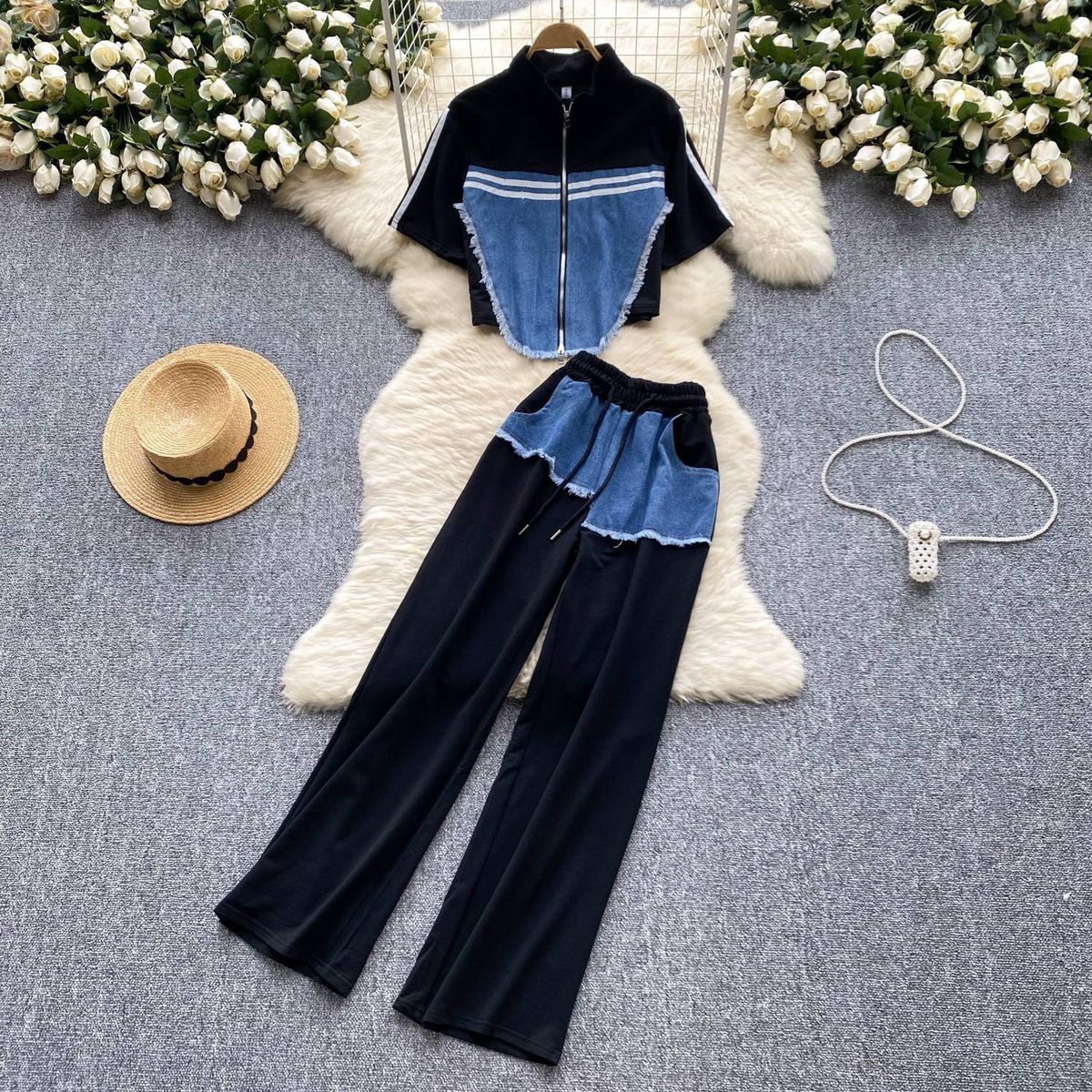 Women's Clothing denim patchwork distressed suit_ecoleips.com