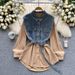 Women's Sleepwears Waist Long Sleeved Shirt Summer High End Cold Style Denim Splicing Shirt Skirt_ecoleips.com