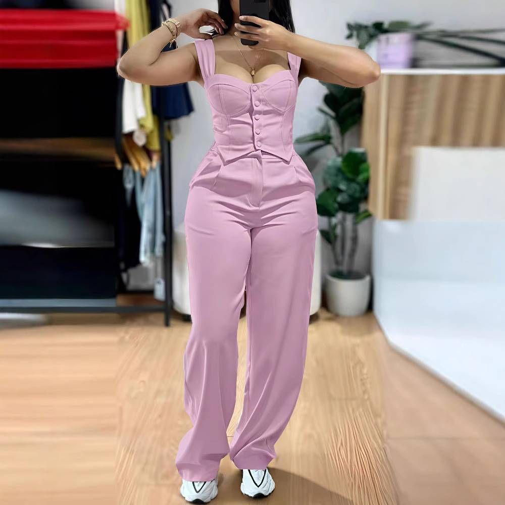 Women's Clothing Elegant Suspenders Short Tight Vest Casual Wide Leg Pants Suit_ecoleips.com