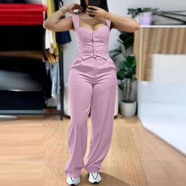 Women's Clothing Elegant Suspenders Short Tight Vest Casual Wide Leg Pants Suit_ecoleips.com