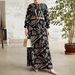 Elegant Muslim Abaya Dress With Belt Long Sleeve Flowy Maxi Dress For Women, Modest Islamic Fashion, Breathable Polyester, Print Design (Black, S-XXL)_ecoleips.com