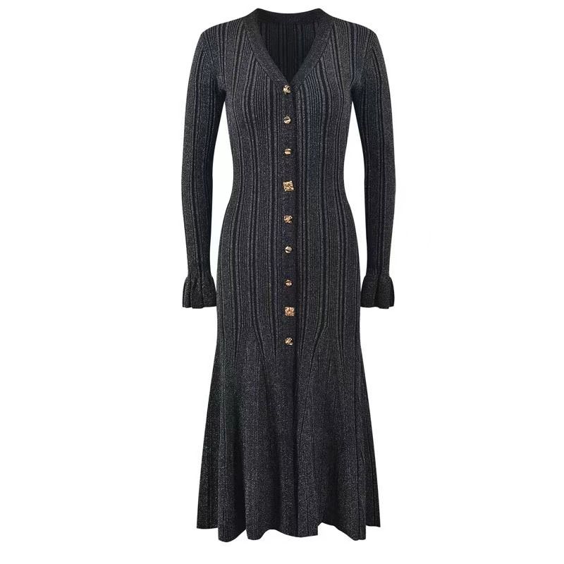 Women's Clothing Waist Long Skirt Female Gold Line V Neck Gold Button Single Breasted Skirt 2024 Autumn And Winter New Ladies Slim Knitted Skirt_ecoleips.com
