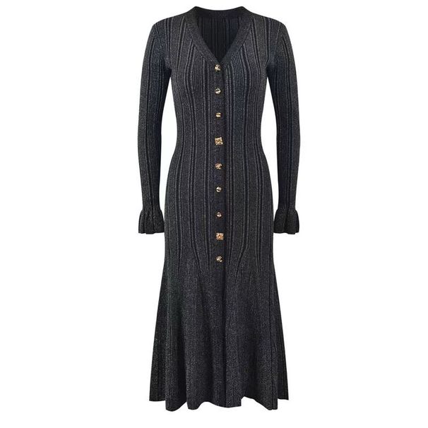 Women's Clothing Waist Long Skirt Female Gold Line V Neck Gold Button Single Breasted Skirt 2024 Autumn And Winter New Ladies Slim Knitted Skirt_ecoleips.com