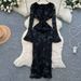 Luxury Socialite Mesh Dress – 3D Floral Embroidery & Side Slit, Waist-Cinching Elegance For Fall/Winter_ecoleips.com