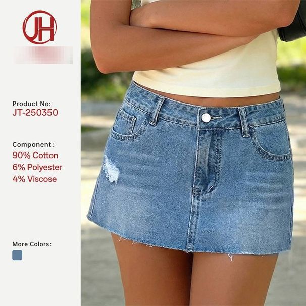 Vintage Distressed Denim Mini Skirt – High-Waisted Stretch Jeans Skirt For Women (S-Xl, Light Blue) Seasonless Hue_ecoleips.com