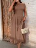 Women's Off-Shoulder Long Dress Summer Style Fitted Waist Solid Color With Pockets Platform_ecoleips.com