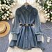 Women's Chic Retro Denim Dress Hong Kong Style Slimming Loose Fit With Irregular Belted Waist For Casual Spring Wear_ecoleips.com