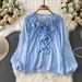 Elegant French Style Women's Chiffon Blouse Ruffled V-Neck Lantern Sleeve Regular Fit Summer Base Layer Top_ecoleips.com