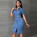 Women's Retro Slim Fit Denim Dress Elastic Mid-Length Button Down Bodycon_ecoleips.com
