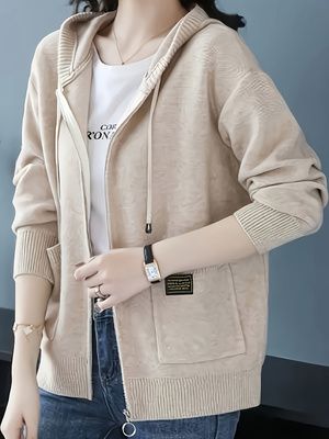 2026 Autumn/Winter Elegant Casual Hooded Zip-Up Knit Cardigan With Double Pockets, Versatile Long-Sleeved Sweater Jacket_ecoleips.com
