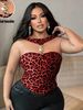 Curvy Leopard Print Halter Cami, Ruched Bust Cutout Metal Button Layering Tank Top_ecoleips.com