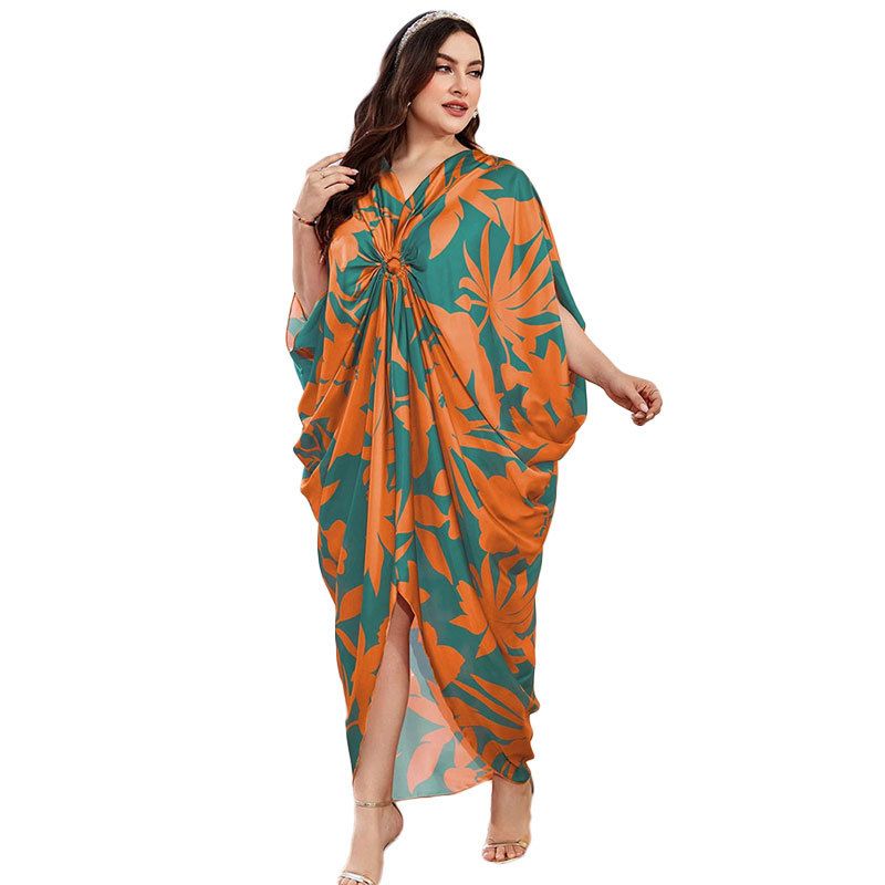 Floral Print Muslim Maxi Dress With Elegant V-Neck - Breathable Polyester Satin Fabric For Women (One Size, Long Sleeve, Asymmetrical Hem)_ecoleips.com