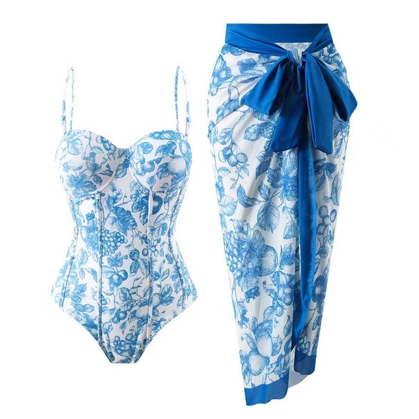 Women's Clothing Printed Hard Covered Steel Support One Piece Gauze Skirt Two Piece Gathered Beach Vacation Conservative Swimsuit_ecoleips.com