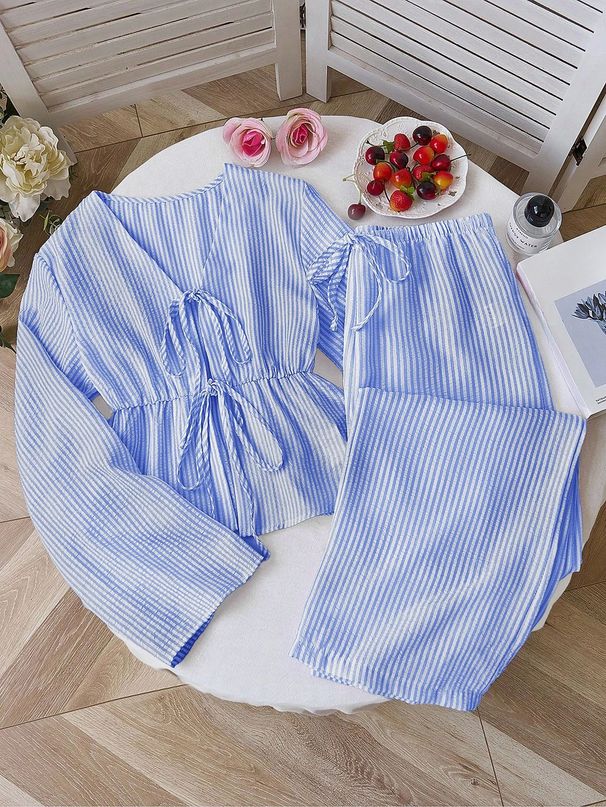 Women's Casual Two-Piece Set - Striped Long Sleeve Tie-Front Top & Wide Leg Pants, Comfortable & Stylish Outfit For Spring_ecoleips.com