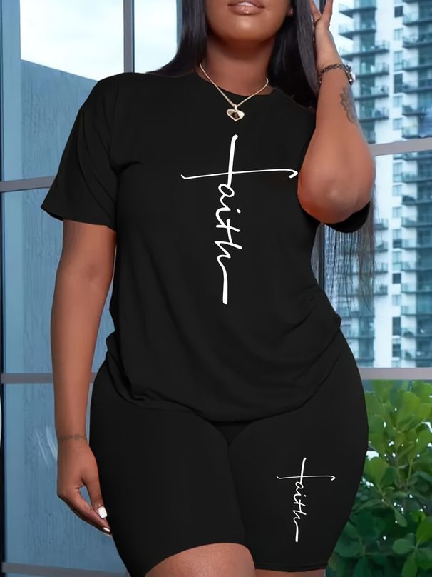 Summer Women's Casual And Fashionable Faith Cross Print Loose T-shirt+shorts Two-piece Sportswear Suitable For Daily Wear-71_ecoleips.com