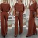 Women's 2 Piece Fashion Suit European American Style Round Neck Short Sleeve Top With Lace Up Pants Solid Color_ecoleips.com