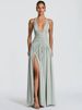 Mozision Halter Deep V Neck Sexy Maxi Dress Women Elegant Off-shoulder Sleeveless High Split Pleated Club Party Long Dress_ecoleips.com