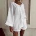 Women's Spring/Summer Two Piece Set Cotton Linen Solid Color Cardigan Long Sleeve Button Detail Shorts with Pockets European American Style_ecoleips.com