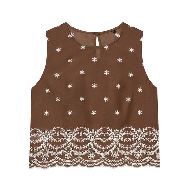 Women's Spring Fashion Casual Loose Top And Skirt Set Hollow Out Embroidered Design Elastic Waist Full-Length Pants_ecoleips.com