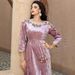 Ba5164 Lotus Pink Velvet Snowflake Hand-Stitched Rhinestone Gold Webbing Dress For Toasting Dresses_ecoleips.com