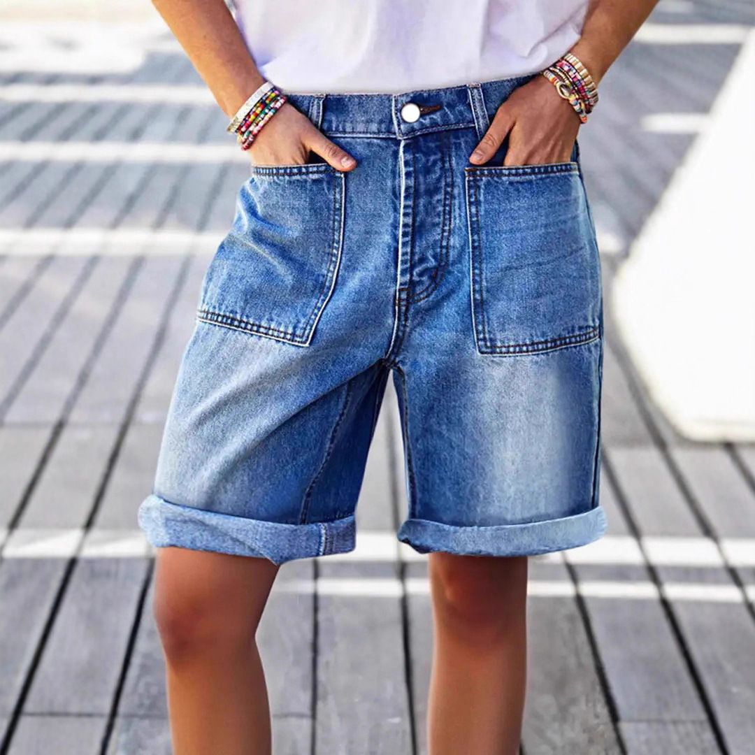 Aria Basics Aria Basics Cross-border European American Size Washed And Distressed Rolled Hem Patch Pocket Mid-waist Straight-leg Stretch Women's_ecoleips.com