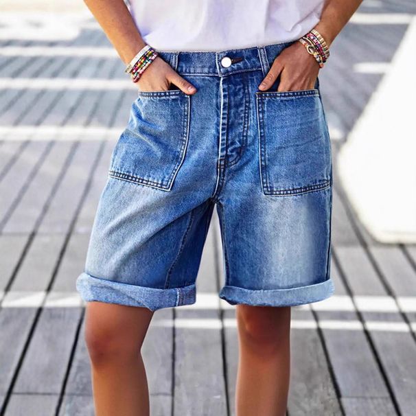 Aria Basics Aria Basics Cross-border European American Size Washed And Distressed Rolled Hem Patch Pocket Mid-waist Straight-leg Stretch Women's_ecoleips.com