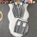 Women's Clothing College Style Striped Contrast Color Lapel Sleeveless Knitted Sweater Vest Top + Skirt_ecoleips.com