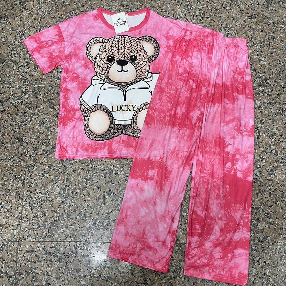 Women's Clothing Tie Dye Fashion Set Summer Casual Two Piece Outfit With Cartoon Bear Print Short Sleeved Top And Loose Wide Leg Pants_ecoleips.com