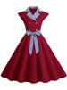 Notched Collar Vintage Solid Party Dresses Women Summer Sleeveless Belted Midi Swing Sundress_ecoleips.com