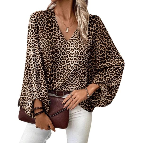 Women's Clothing V Neck Leopard Print Casual Long Sleeved Tops For Women_ecoleips.com