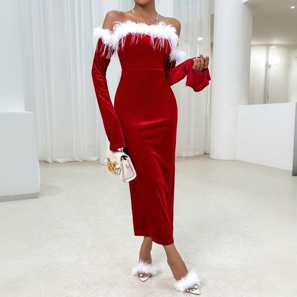 Voya Women's Sexy Christmas Red Dress Autumn And Winter New Style Temperament Banquet Mid Length Skirt_ecoleips.com