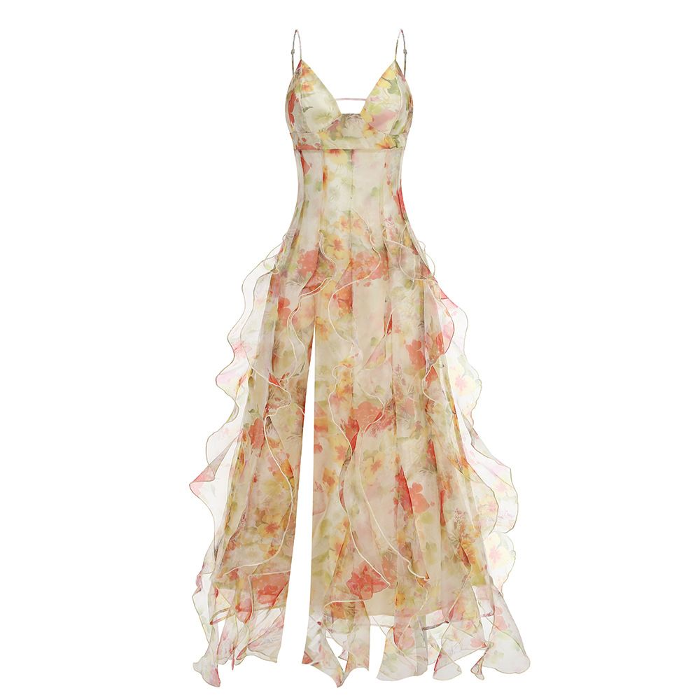 Floral Low Cut Maxi Dress American Style Summer Slimming Suspender Dress For Women Gentle Clothing_ecoleips.com
