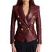 Elegant Burgundy PU Leather Blazer Jacket For Women - Slim Fit Fashion Outerwear With Notched Lapel, Stretch Comfort & Versatile Styling_ecoleips.com