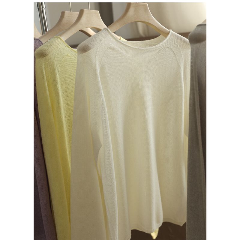 French-style Casual Airy Blouse Made Of Mulberry Silk And Paper Yarn, Round-neck, Seamless, Loose-fitting, Long-sleeved_ecoleips.com