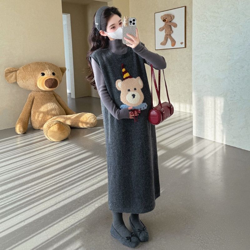 Autumn Winter New Korean Fashion Embroidered Cartoon Bear Sweater 2-Piece Set Maternity Dress_ecoleips.com