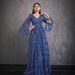New European American Style Sequined Long-sleeve Blue Evening Dress, Elegant And High-end, Simple V-neck Party Dress_ecoleips.com