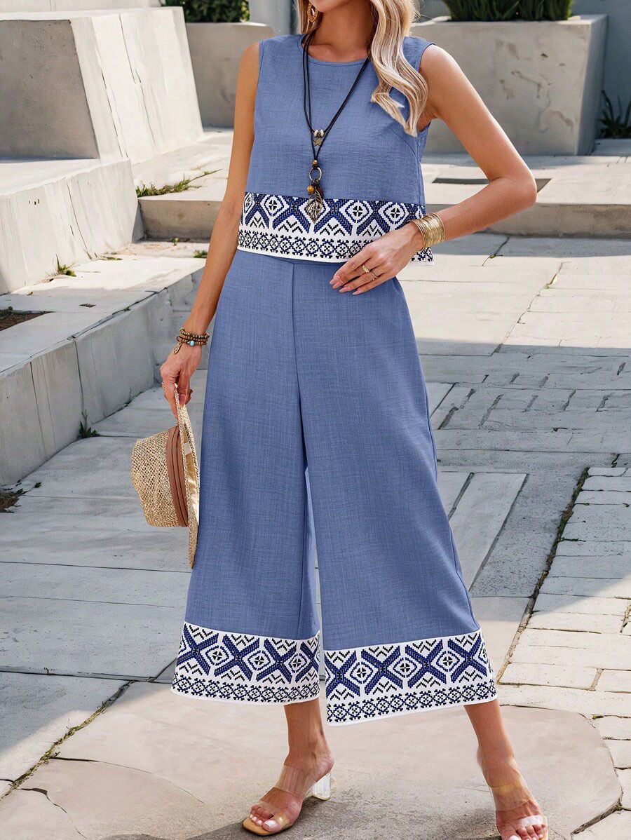 Women's Clothing New Summer Print Random Backless Tops Wide Leg Pants Casual Suits Women's Ethnic Style_ecoleips.com