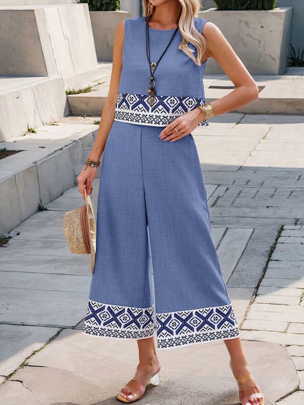 Women's Clothing New Summer Print Random Backless Tops Wide Leg Pants Casual Suits Women's Ethnic Style_ecoleips.com