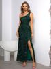2023 Summer Fashion New Sexy One Shoulder Slit Thigh Sequin Dress_ecoleips.com